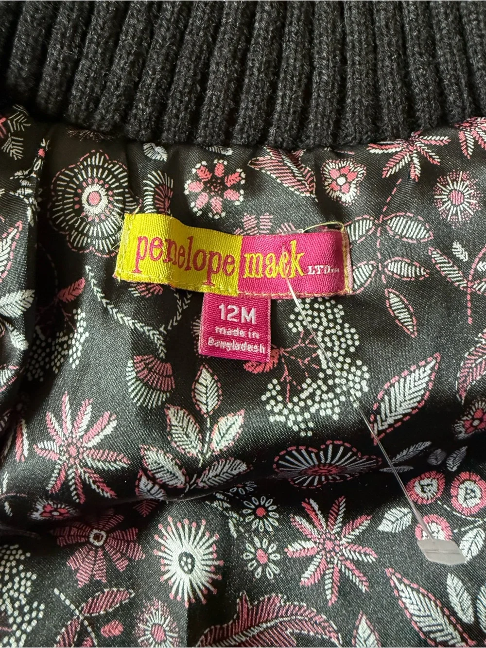 Penelope Mack Black Toddler Pea Coat with Floral Embroidery